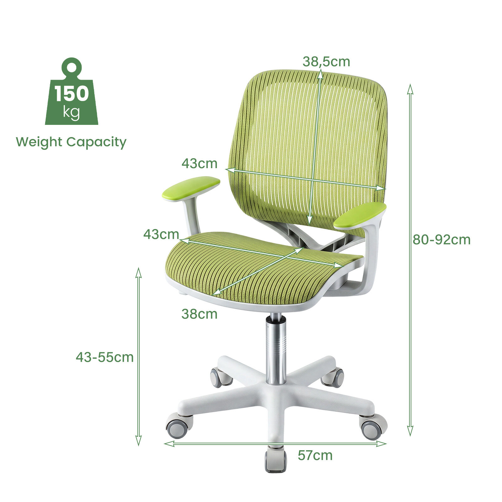 Kõrguse reguleerimisega laste pöördtool istmepiduriga, ergonoomiline lauatool, kontoritool, roheline