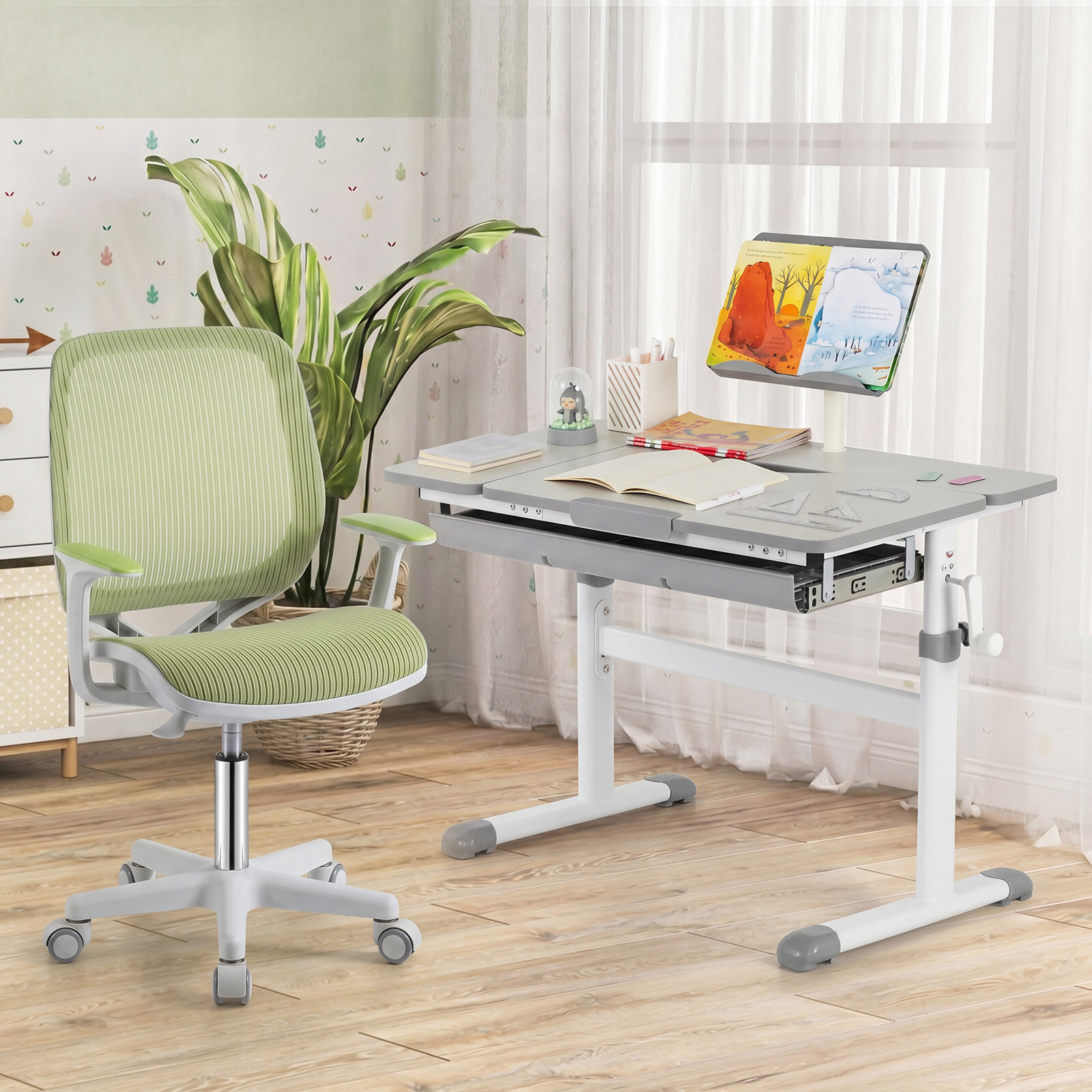 Kõrguse reguleerimisega laste pöördtool istmepiduriga, ergonoomiline lauatool, kontoritool, roheline