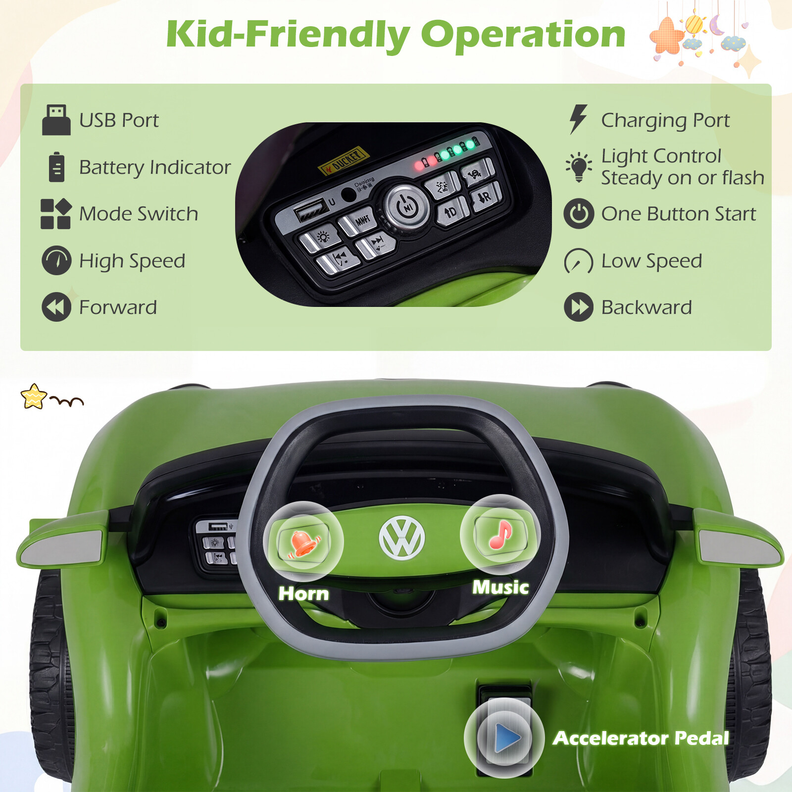 Litsentseeritud VW laste elektriauto 12 V 2,4 G puldiga LED muusikasalvesti 3+ aastat roheline