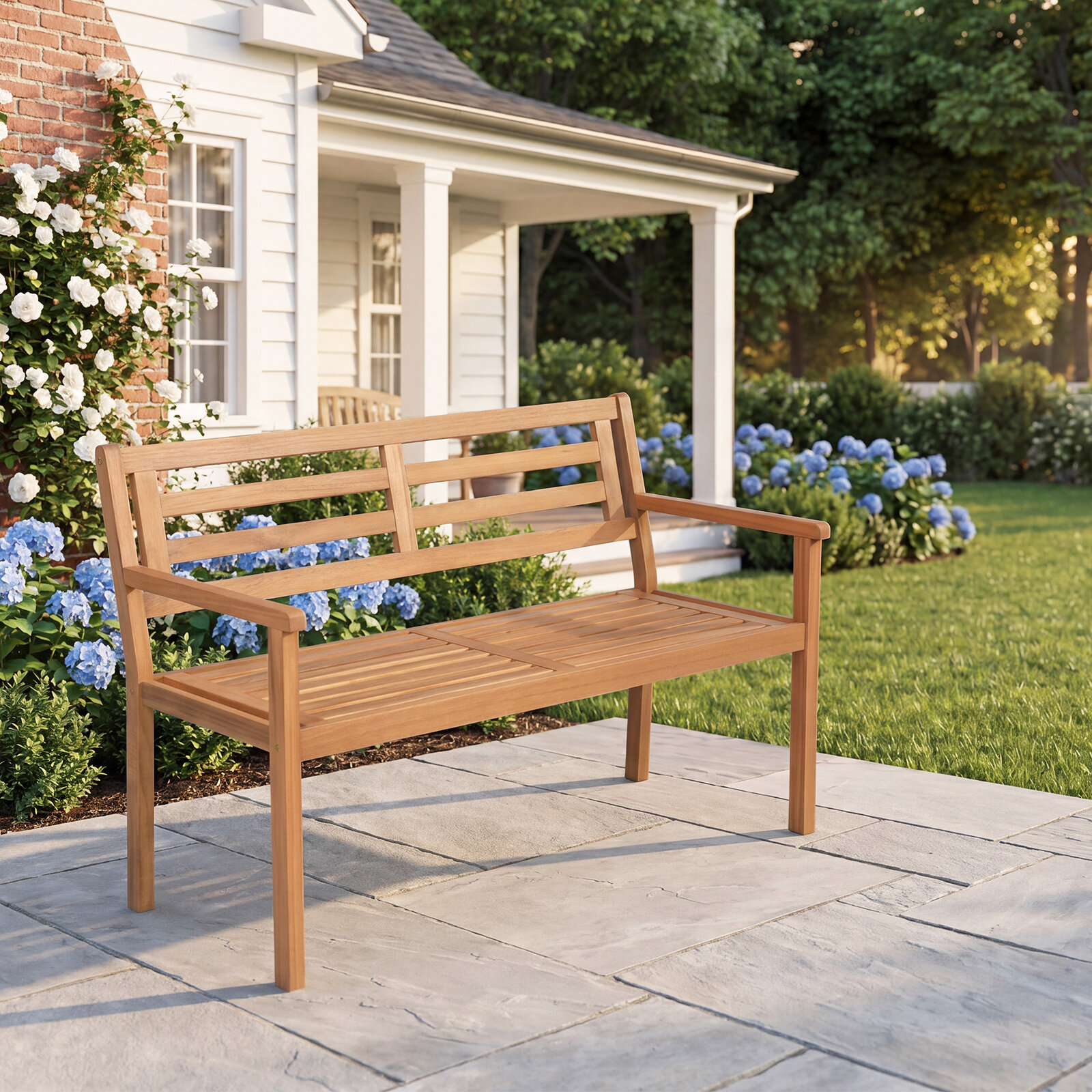 119 cm 2-Person Outdoor Loveseat Bench with Armrests and Backrest for Backyard