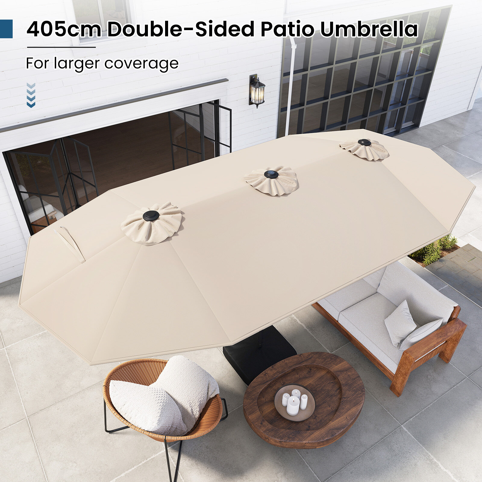 4x2m kahepoolne päikesevari 36 päikesetulega, väntkäepide, ventilatsioon, aed, terrass, bassein, beež