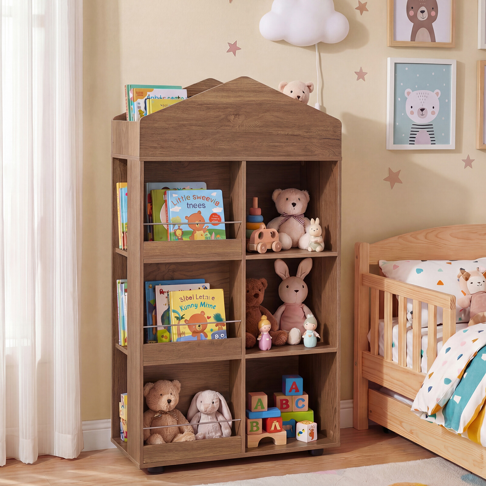 Montessori laste riiul 116 cm raamaturiiul laste puidu ja mänguasjade hoiustamiseks naturaalne