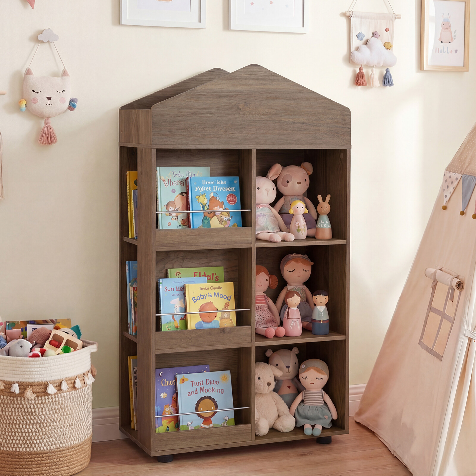 Montessori laste riiul 116 cm raamaturiiul laste puidu ja mänguasjade hoiustamiseks naturaalne