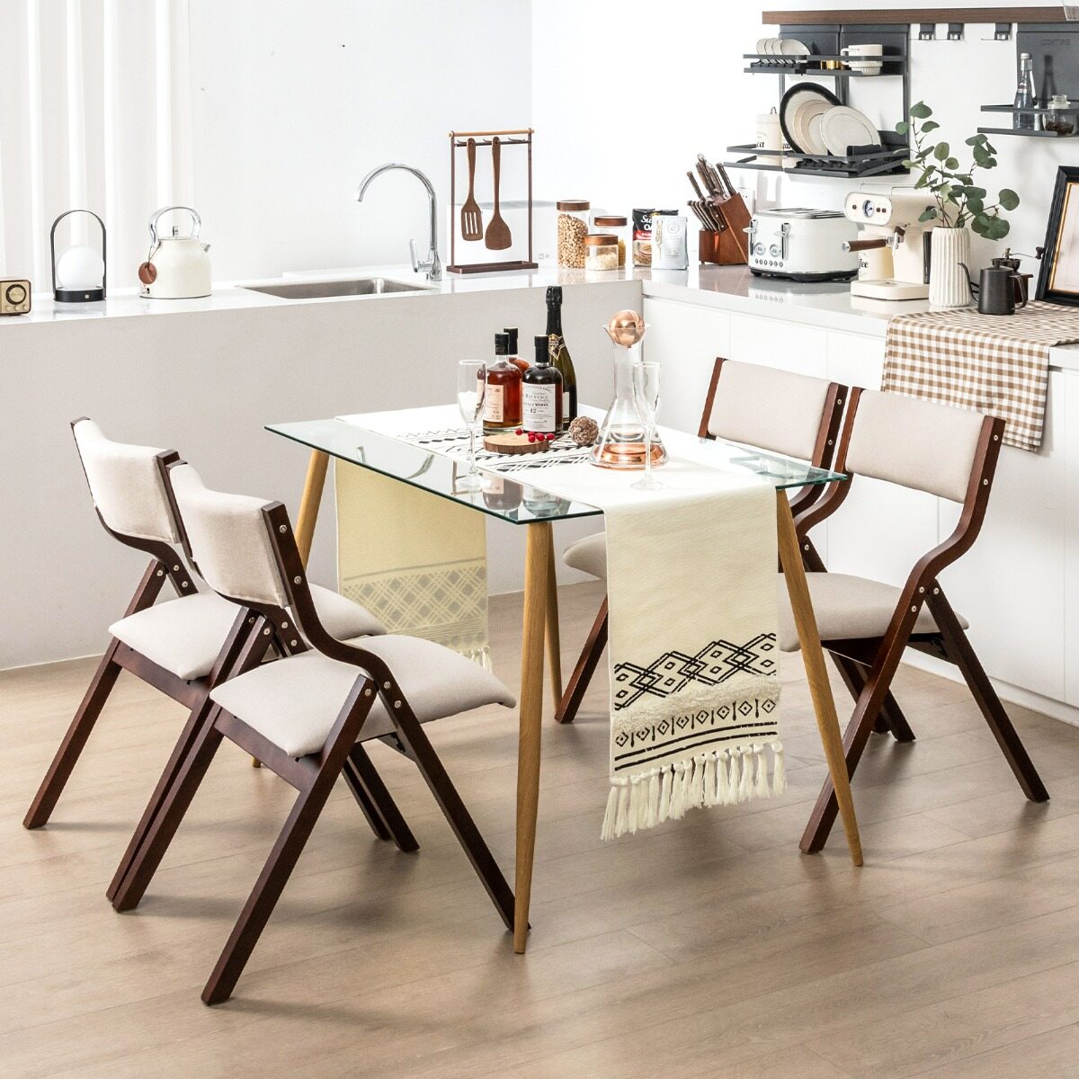 Set of 2 Folding Dining Chairs with Solid Wood Frame and Upholstered in Linen Fabric, Brown Kitchen Chairs Set of 2 Folding Dining Chairs with Solid Wood Frame and Upholstered in Linen Fabric, Brown Kitchen Chairs