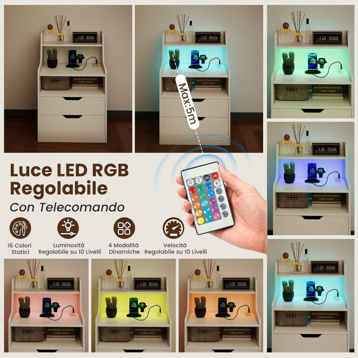LED-öökapp moodsa laadimisjaama ja ümberminekuvastase komplektiga elutuppa, valge magamistoa öökapp