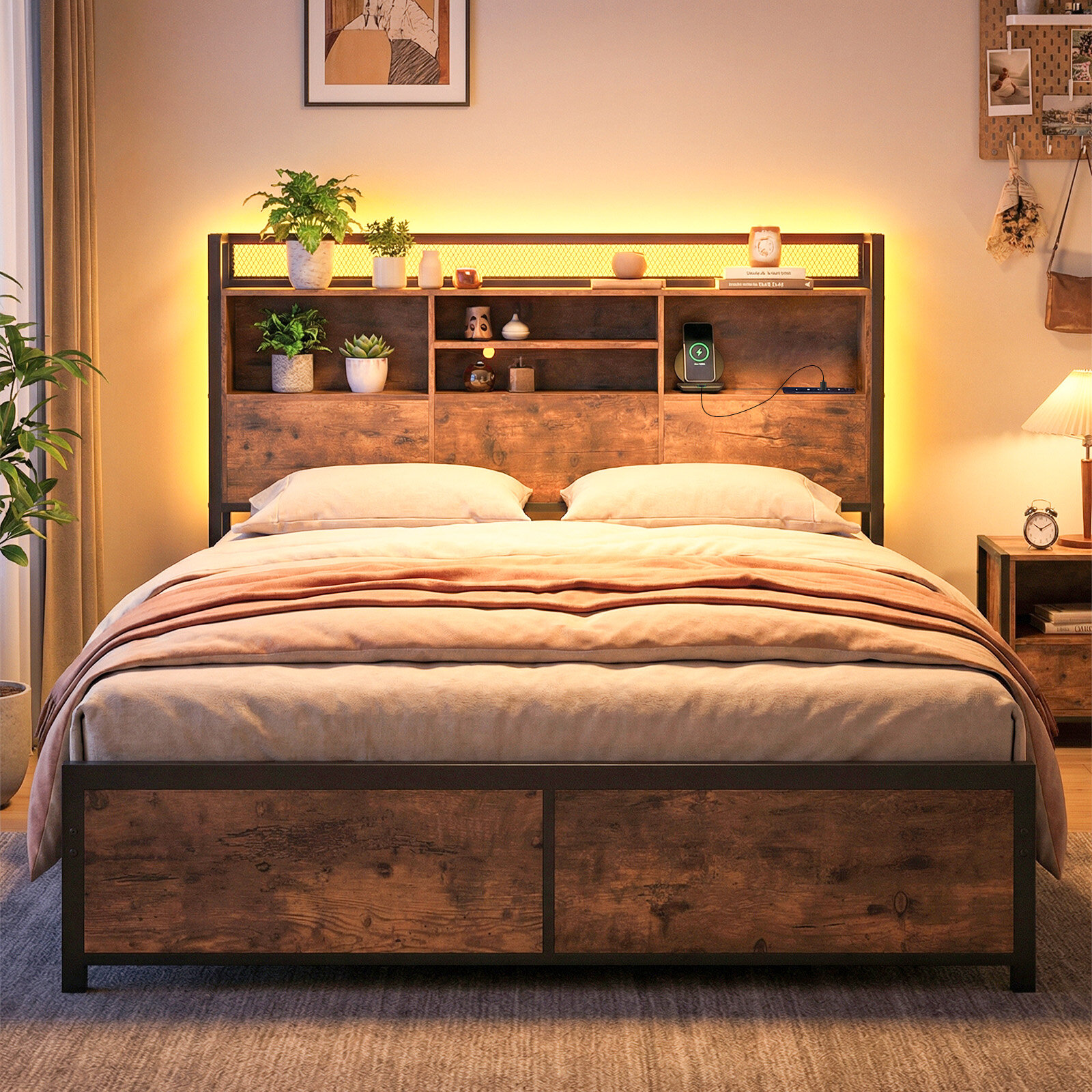 Kaheinimesevoodi raam LED-tulede ja laadimisjaamaga, metallist platvormvoodi panipaigaga peatsiga, maalähedane pruun 220 x 143 x 113 cm