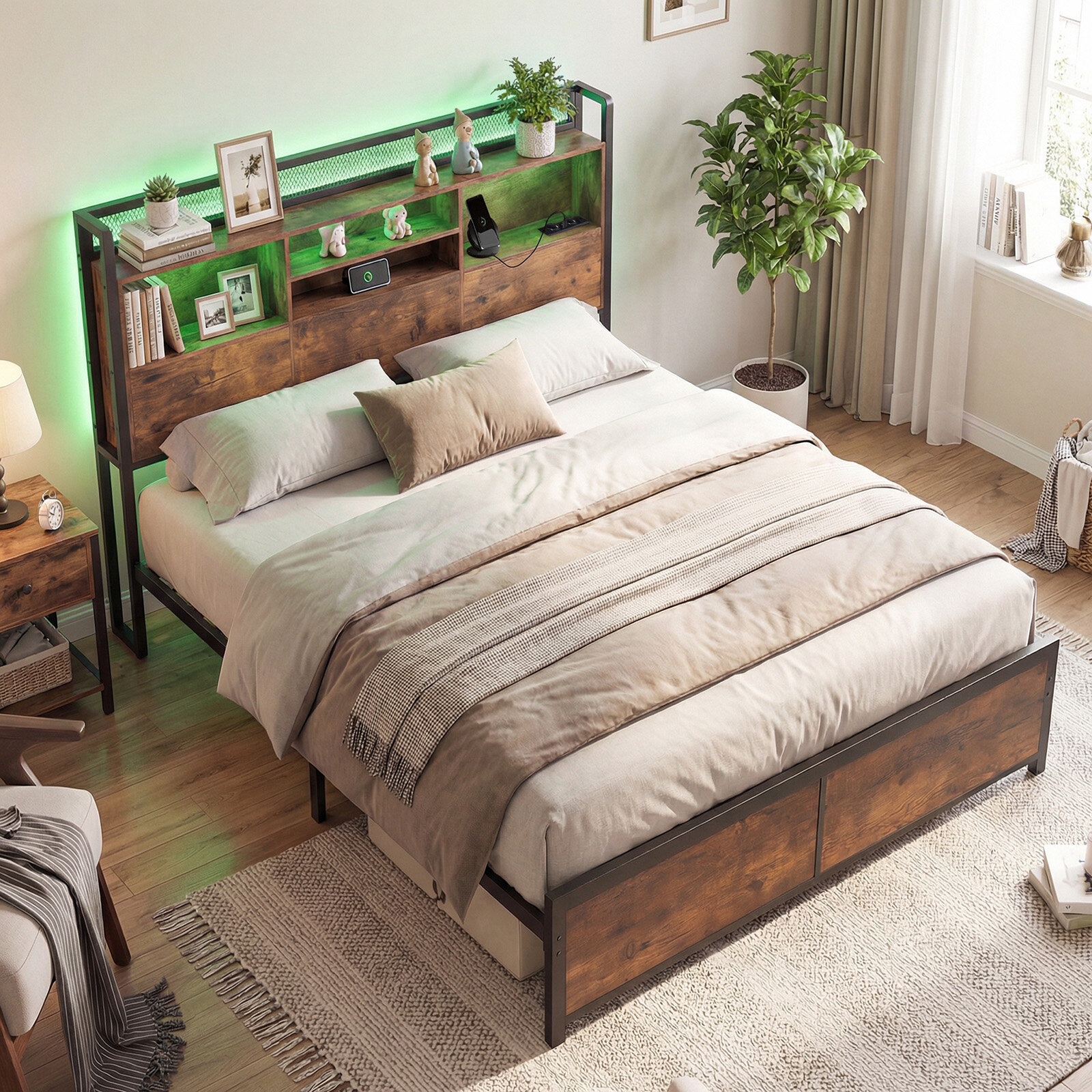 Kaheinimesevoodi raam LED-tulede ja laadimisjaamaga, metallist platvormvoodi panipaigaga peatsiga, maalähedane pruun 220 x 143 x 113 cm