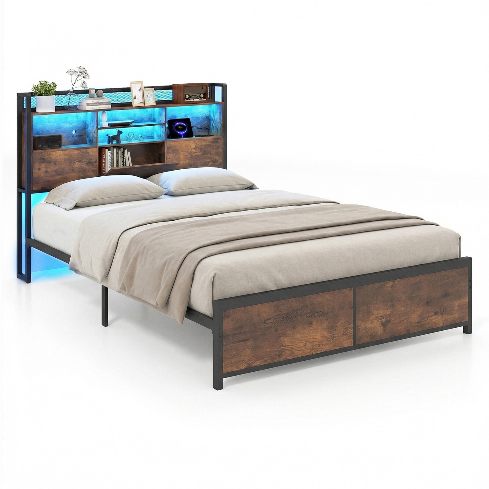 Kaheinimesevoodi raam LED-tulede ja laadimisjaamaga, metallist platvormvoodi panipaigaga peatsiga, maalähedane pruun 220 x 143 x 113 cm