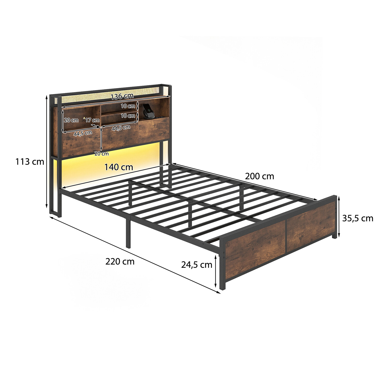 Kaheinimesevoodi raam LED-tulede ja laadimisjaamaga, metallist platvormvoodi panipaigaga peatsiga, maalähedane pruun 220 x 143 x 113 cm