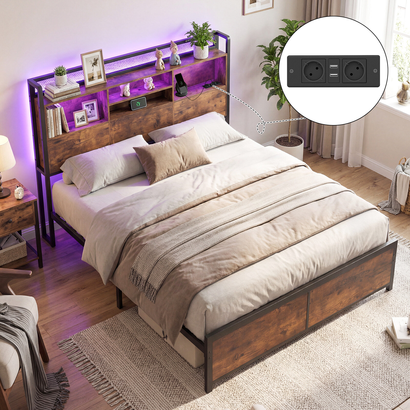 Kaheinimesevoodi raam LED-tulede ja laadimisjaamaga, metallist platvormvoodi panipaigaga peatsiga, maalähedane pruun 220 x 143 x 113 cm
