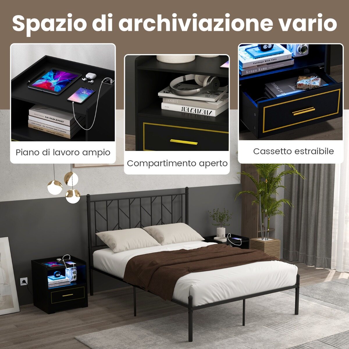 2 öökapi komplekt LED-valgustiga, USB-pordi ja C-tüüpi laadimisjaamaga, öökapp liikumisanduriga, must