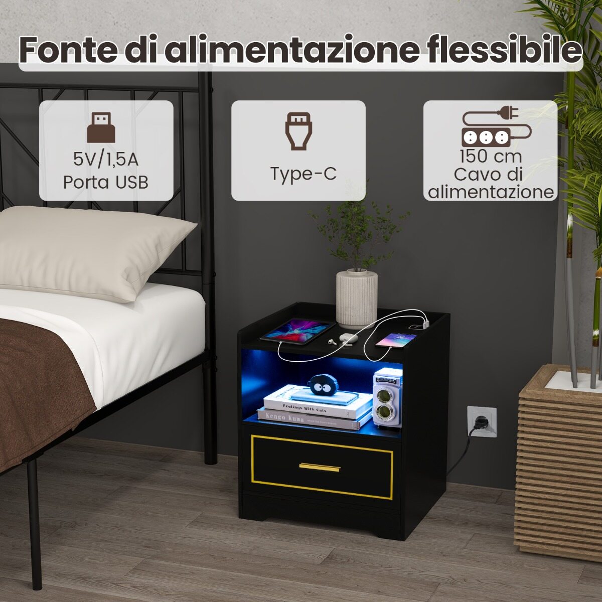 2 öökapi komplekt LED-valgustiga, USB-pordi ja C-tüüpi laadimisjaamaga, öökapp liikumisanduriga, must