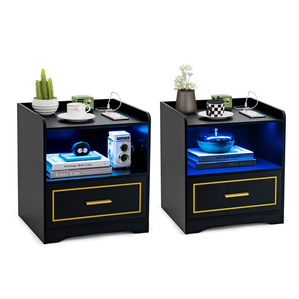 2 öökapi komplekt LED-valgustiga, USB-pordi ja C-tüüpi laadimisjaamaga, öökapp liikumisanduriga, must