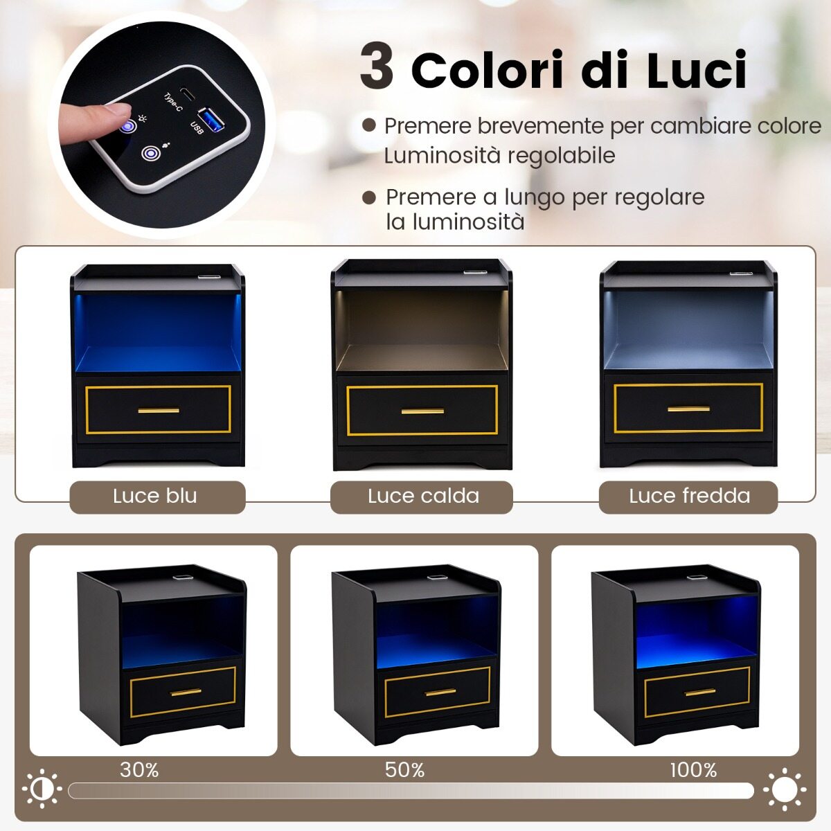 2 öökapi komplekt LED-valgustiga, USB-pordi ja C-tüüpi laadimisjaamaga, öökapp liikumisanduriga, must