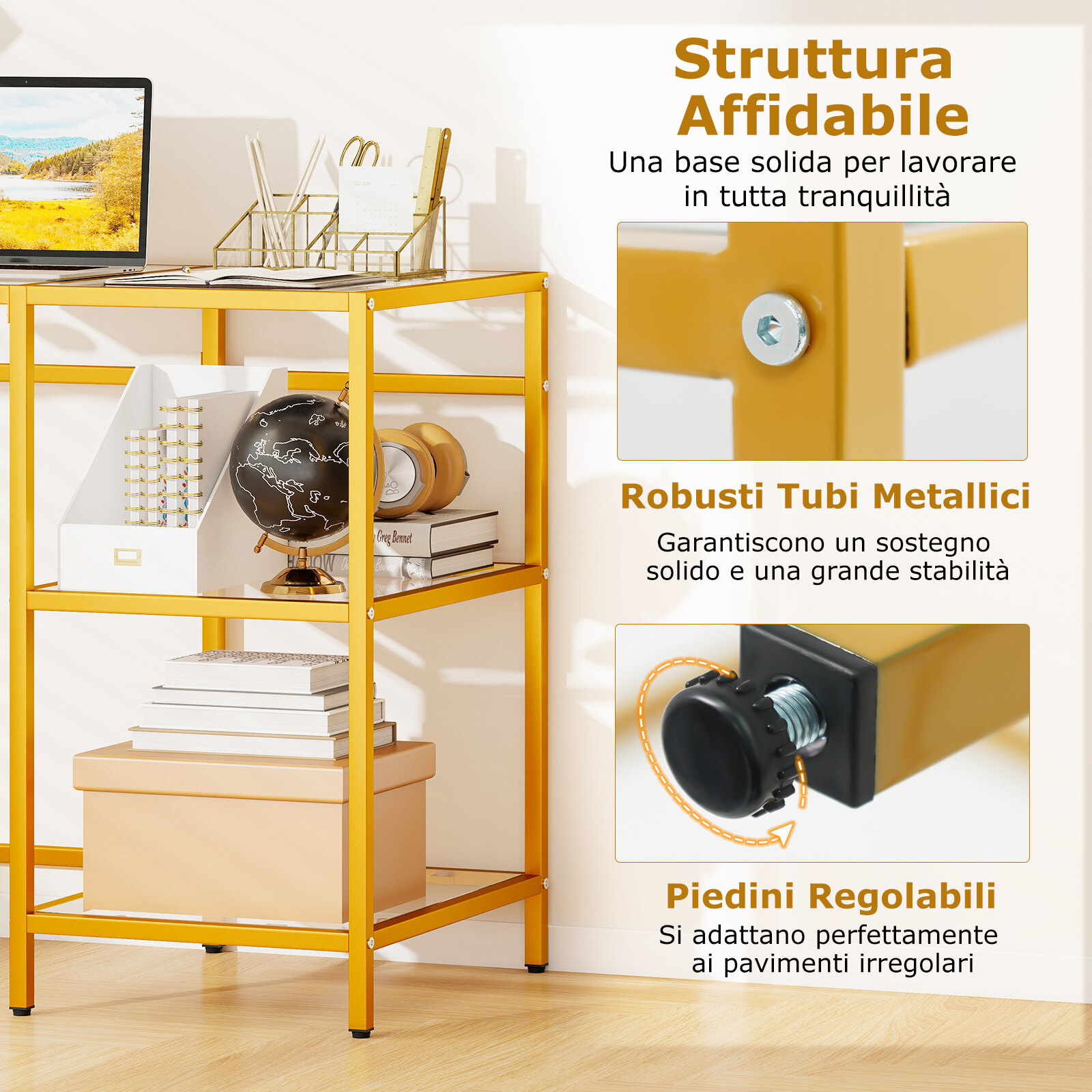 Tempered Glass Desk with Steel Frame and 2 Shelves, Space-Saving Table for Home and Study 106 x 51 x 77.5 cm Gold Tempered Glass Desk with Steel Frame and 2 Shelves, Space-Saving Table for Home and Study 106 x 51 x 77.5 cm Gold