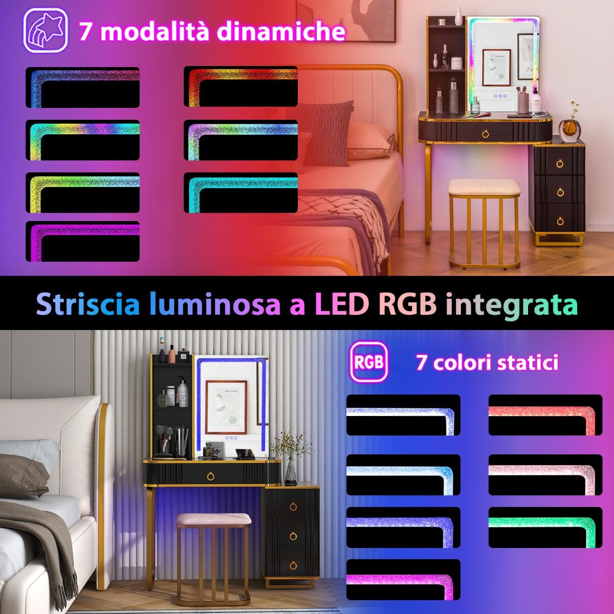 Tualettlaud LED-valgustusega Tualettlaud 7 dünaamilise ja 7 staatilise hämardatava LED-tulega must