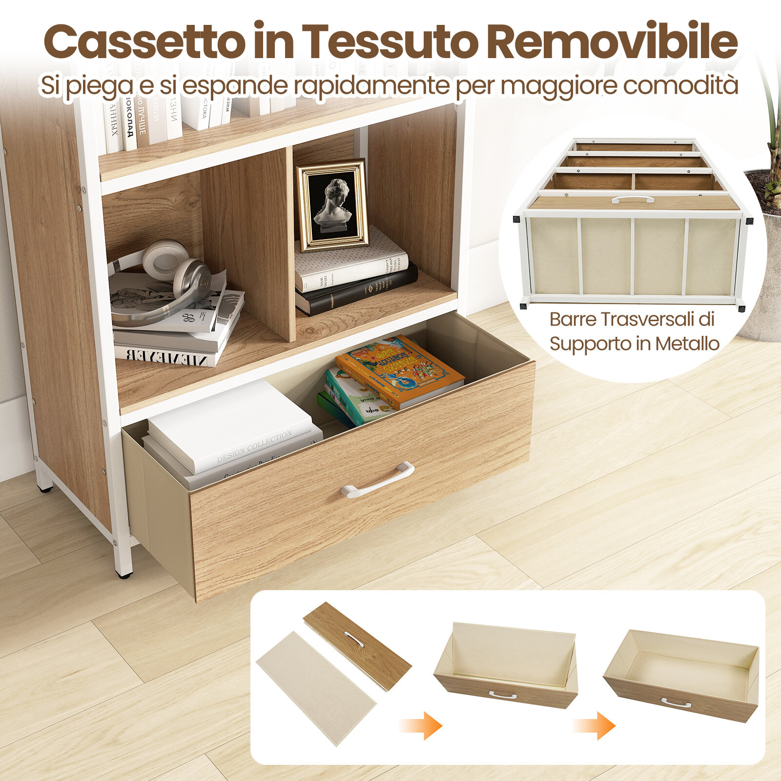 Tall Living Room Cabinet with Compartments and Fabric Drawer, Modern Bookcase with Anti-Tip for Study and Office Natural Tall Living Room Cabinet with Compartments and Fabric Drawer, Modern Bookcase with Anti-Tip for Study and Office Natural