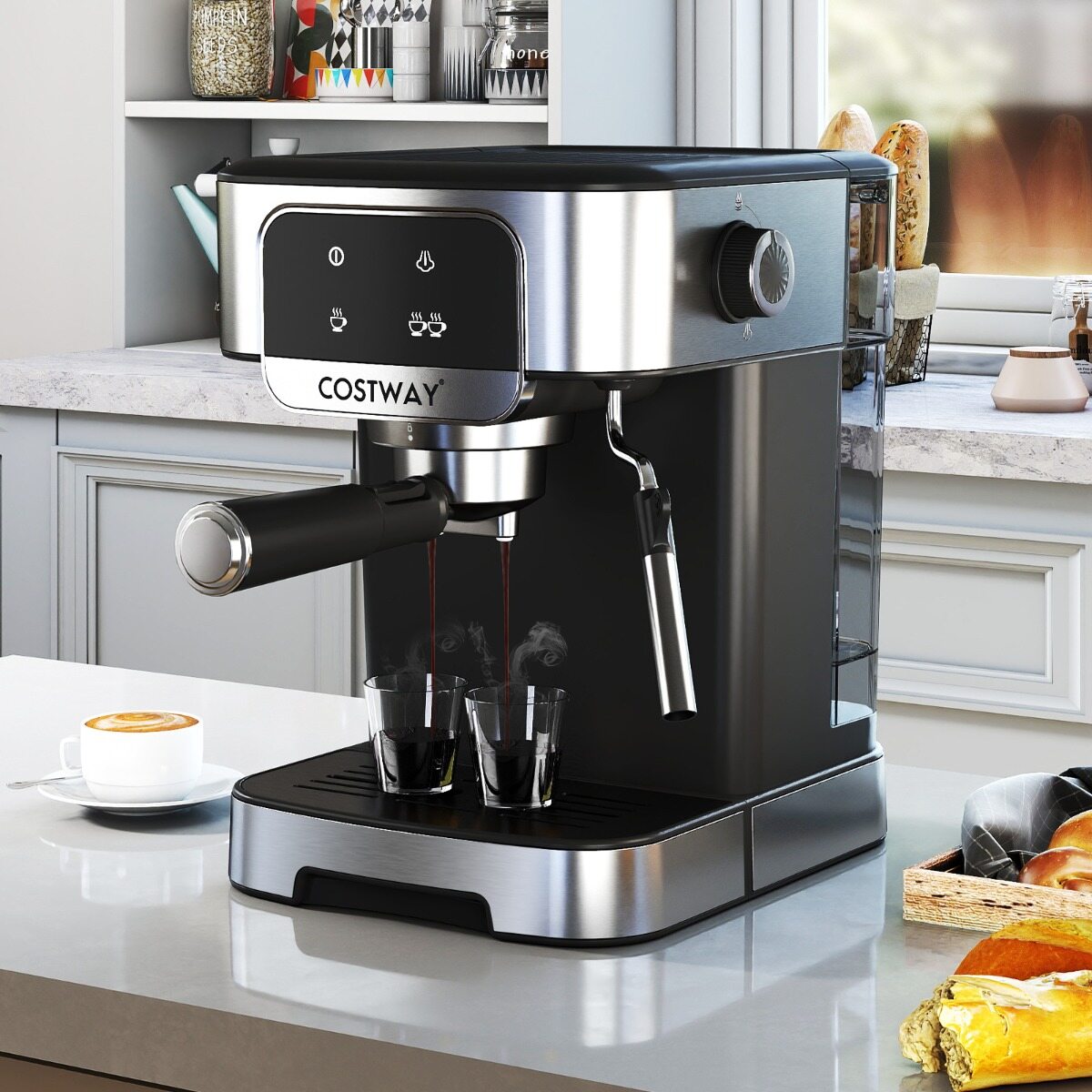 1200 W professionaalne kohvimasin aurupiimavahustajaga, 20 baari espressomasin baristadele, must ja hõbedane