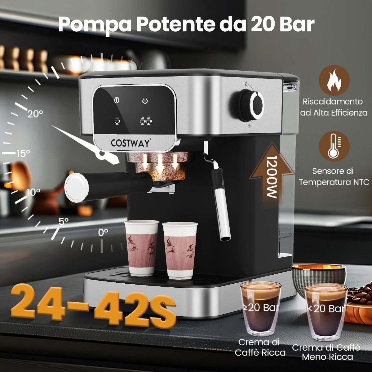 1200 W professionaalne kohvimasin aurupiimavahustajaga, 20 baari espressomasin baristadele, must ja hõbedane
