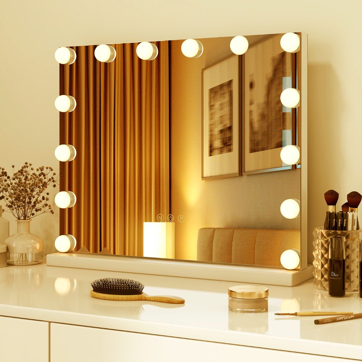 Hollywoodi peegel valgustusega Lauapeegel 14 hämardatava LED-tule ja 3 valgusvärviga 50 x 12 x 43 cm