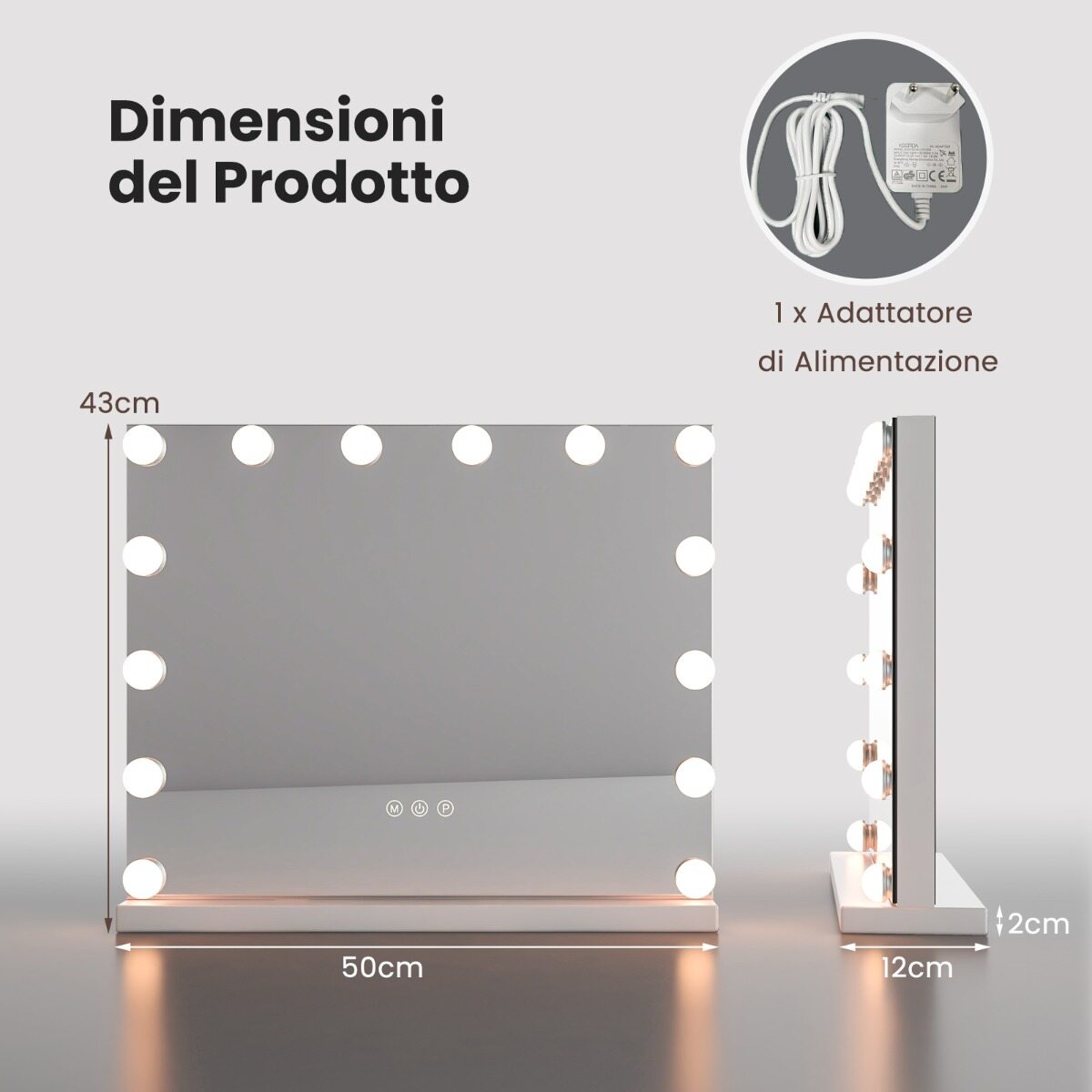 Hollywoodi peegel valgustusega Lauapeegel 14 hämardatava LED-tule ja 3 valgusvärviga 50 x 12 x 43 cm