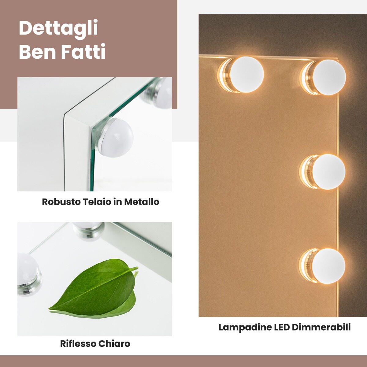 Hollywoodi peegel valgustusega Lauapeegel 14 hämardatava LED-tule ja 3 valgusvärviga 50 x 12 x 43 cm