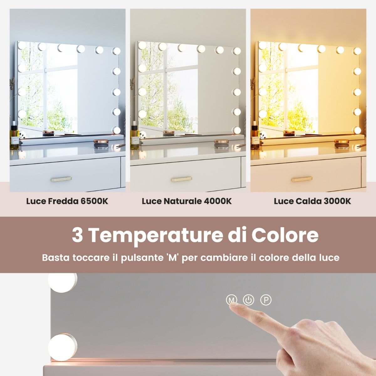 Hollywoodi peegel valgustusega Lauapeegel 14 hämardatava LED-tule ja 3 valgusvärviga 50 x 12 x 43 cm