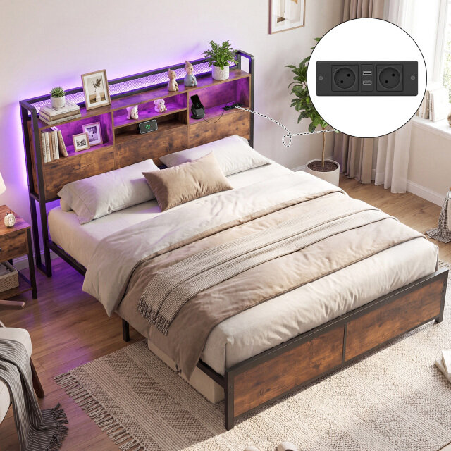 Kaheinimesevoodi raam LED-tulede ja laadimisjaamaga, metallist platvormvoodi panipaigaga peatsiga, maalähedane pruun 220 x 163,5 x 113 cm