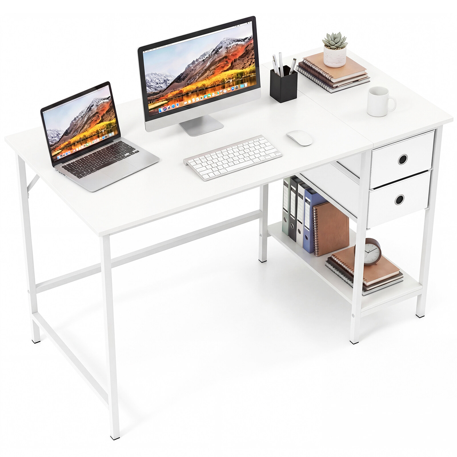 Computer Desk with 2 Drawers, Shelf and Hook, Wood and Metal, Space-Saving Office Table for Study, 120 x 60 x 75 cm, White