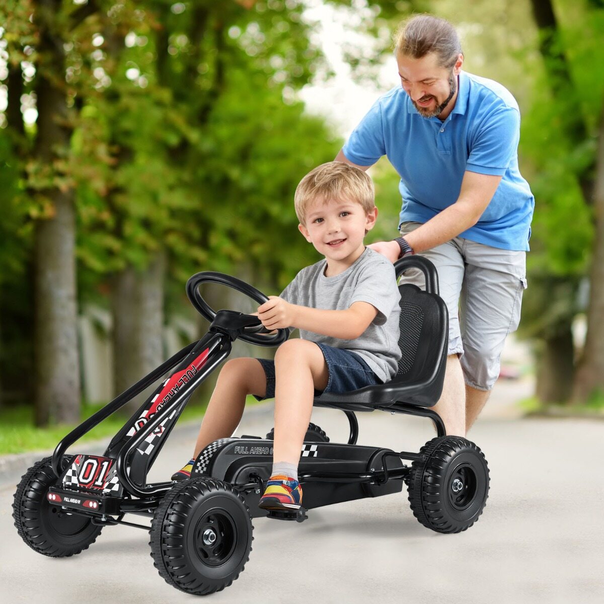 Mängukart reguleeritava istme ja stabiilse käsipiduriga, vastupidav pedaalidega kart lastele, must