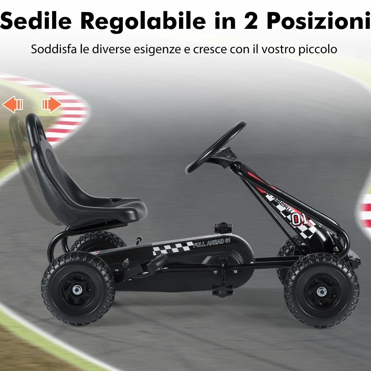 Mängukart reguleeritava istme ja stabiilse käsipiduriga, vastupidav pedaalidega kart lastele, must