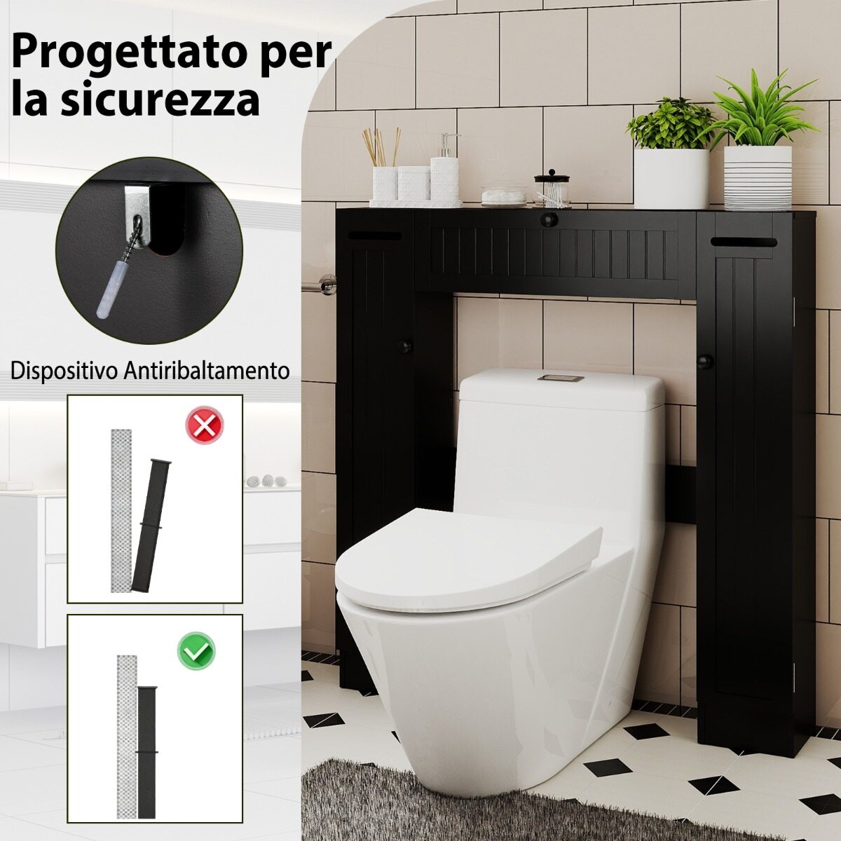 Ruumisäästlik vannitoakapp reguleeritavate riiulite ja tualettpaberihoidjaga, must