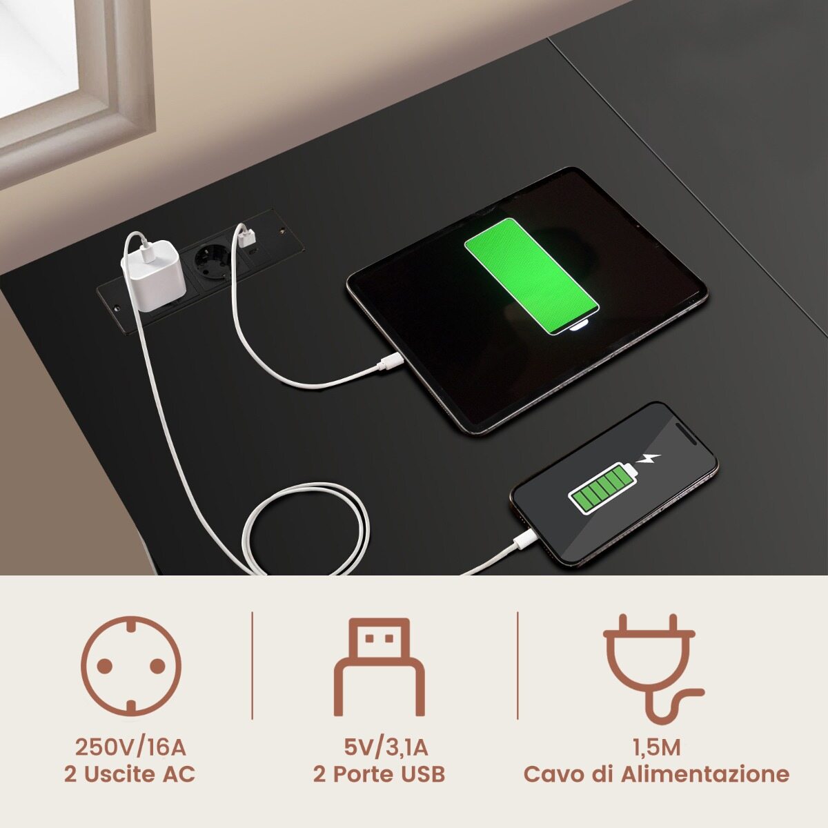 L-kujuline nurgalaud pistikupesade ja USB-portidega 120 x 120 x 75 cm must