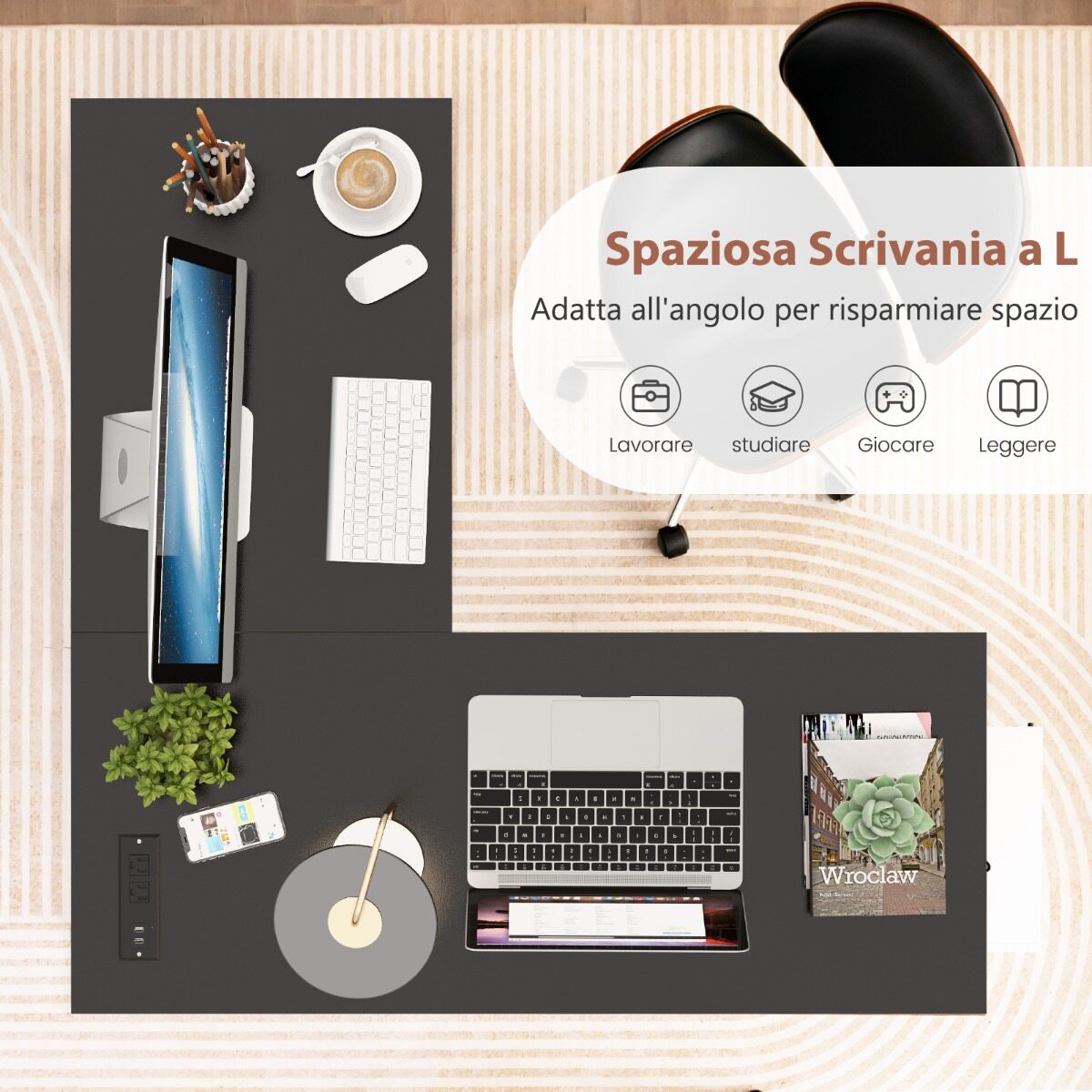 L-kujuline nurgalaud pistikupesade ja USB-portidega 120 x 120 x 75 cm must