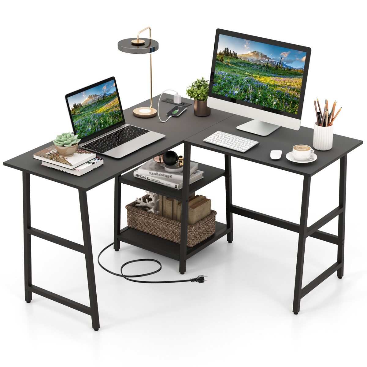 L-kujuline nurgalaud pistikupesade ja USB-portidega 120 x 120 x 75 cm must