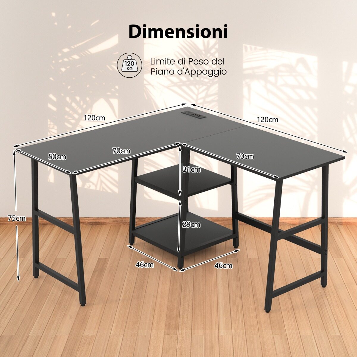 L-kujuline nurgalaud pistikupesade ja USB-portidega 120 x 120 x 75 cm must