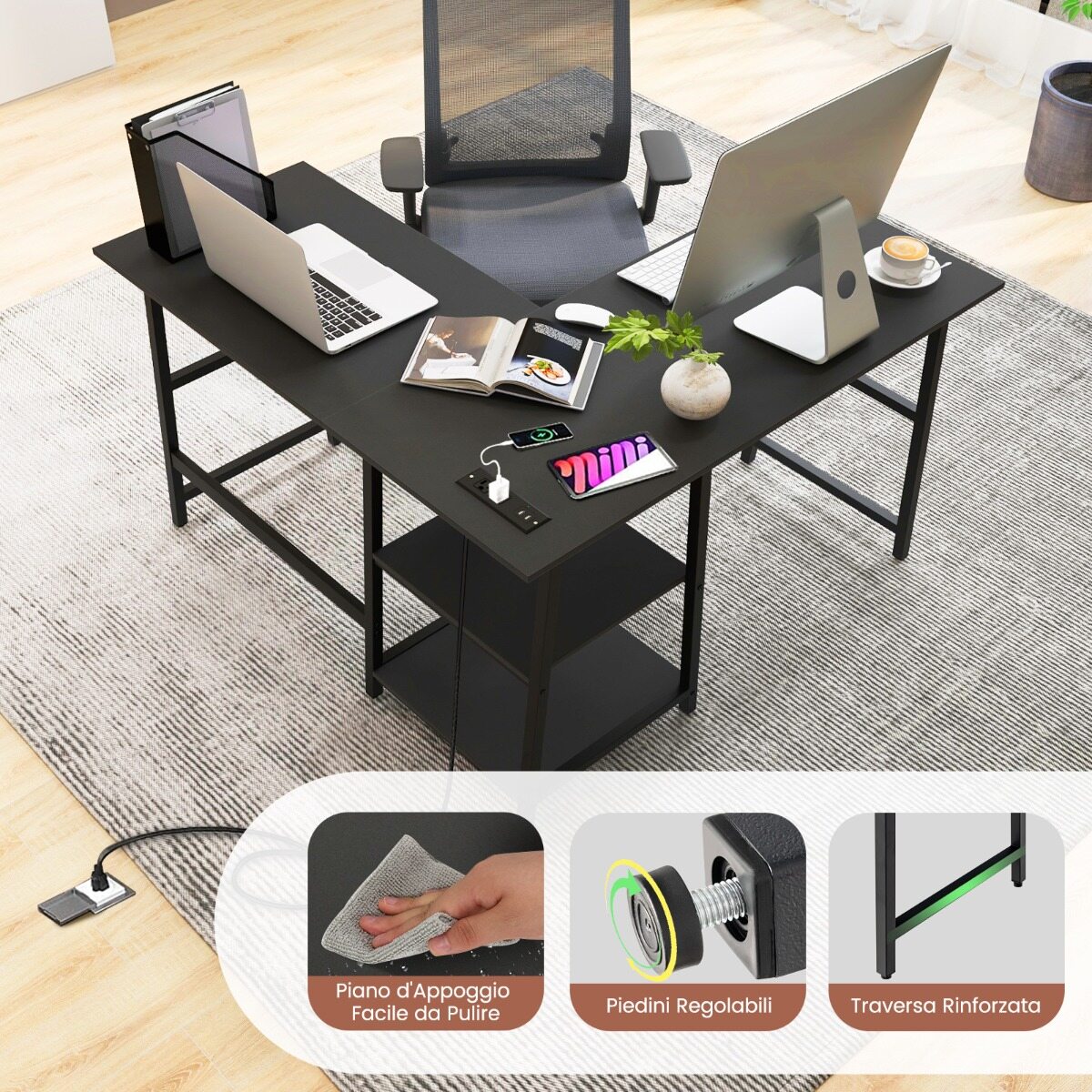 L-kujuline nurgalaud pistikupesade ja USB-portidega 120 x 120 x 75 cm must
