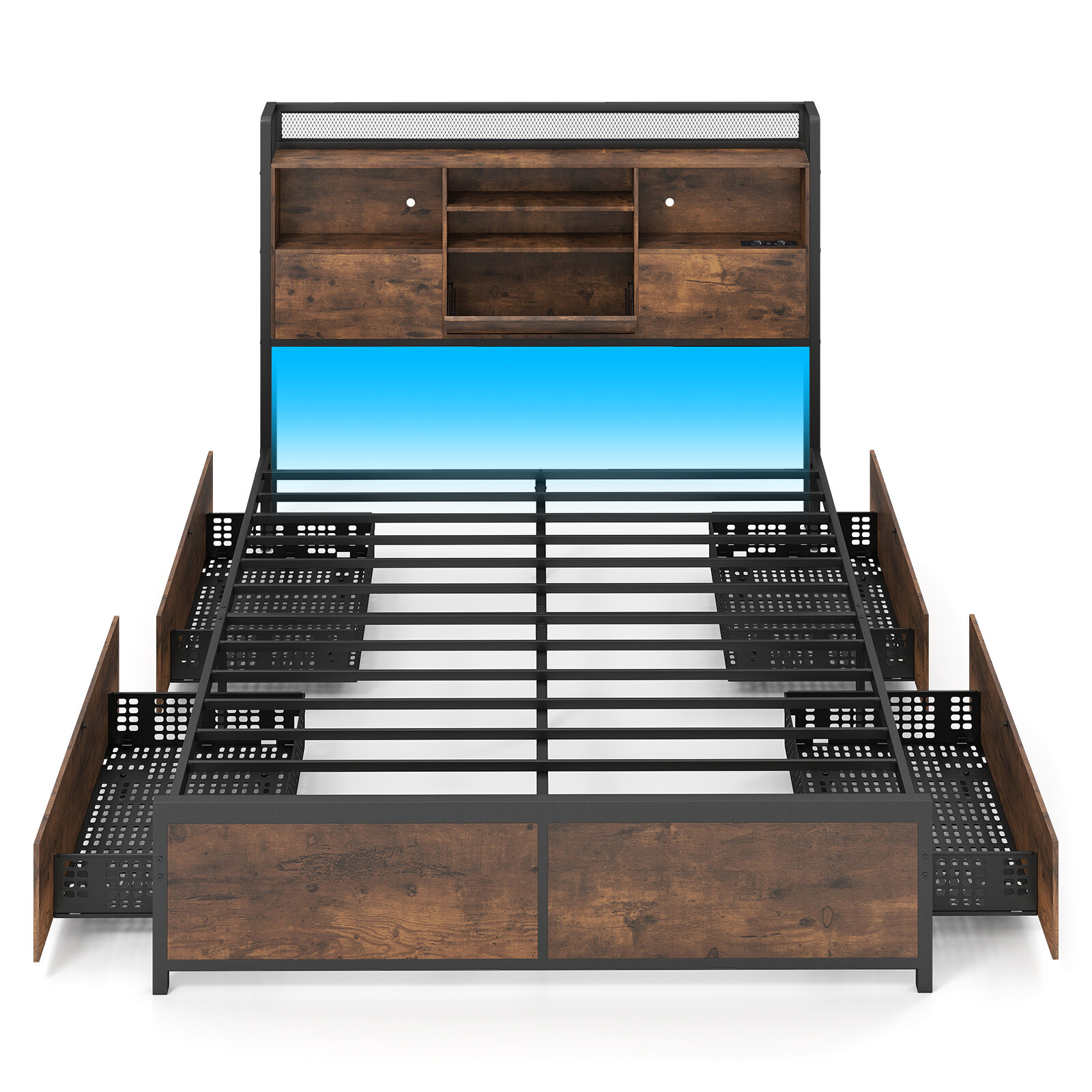 Voodiraam LED-valgusti ja laadimisjaamaga, peatsiga, panipaigaga ja 4 sahtliga, metallplatvorm ilma vedrualuseta 220 x 143 x 113 cm