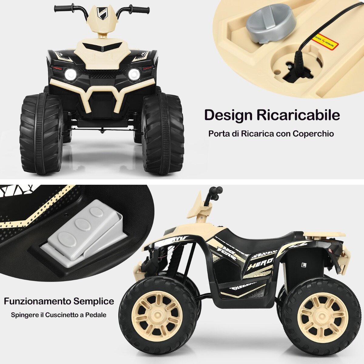 12 V elektriline ATV lastele muusika ja LED-tuledega, akutoitel ATV mugava istmega 104x67x74cm mullakollane