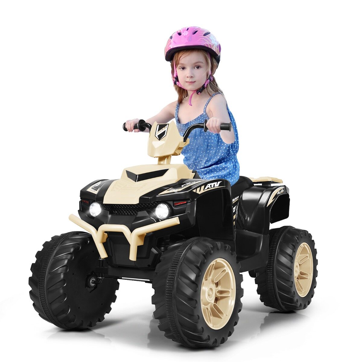 12 V elektriline ATV lastele muusika ja LED-tuledega, akutoitel ATV mugava istmega 104x67x74cm mullakollane