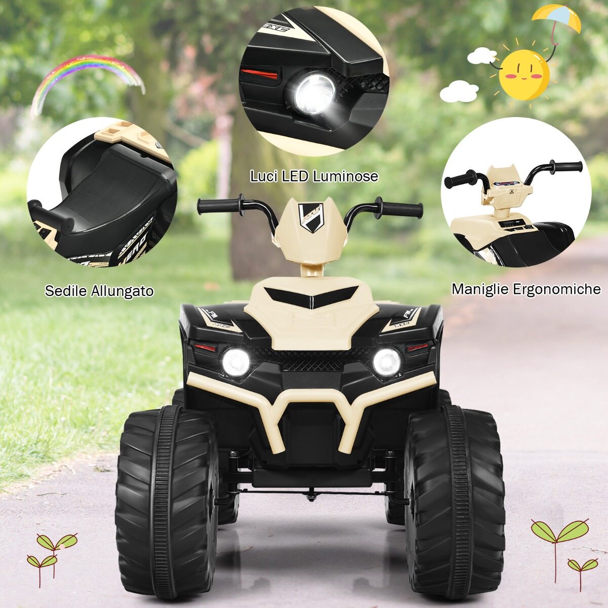 12 V elektriline ATV lastele muusika ja LED-tuledega, akutoitel ATV mugava istmega 104x67x74cm mullakollane