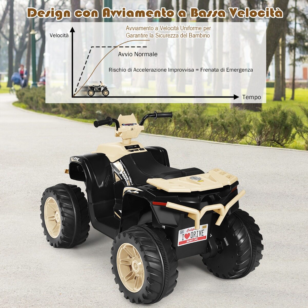 12 V elektriline ATV lastele muusika ja LED-tuledega, akutoitel ATV mugava istmega 104x67x74cm mullakollane
