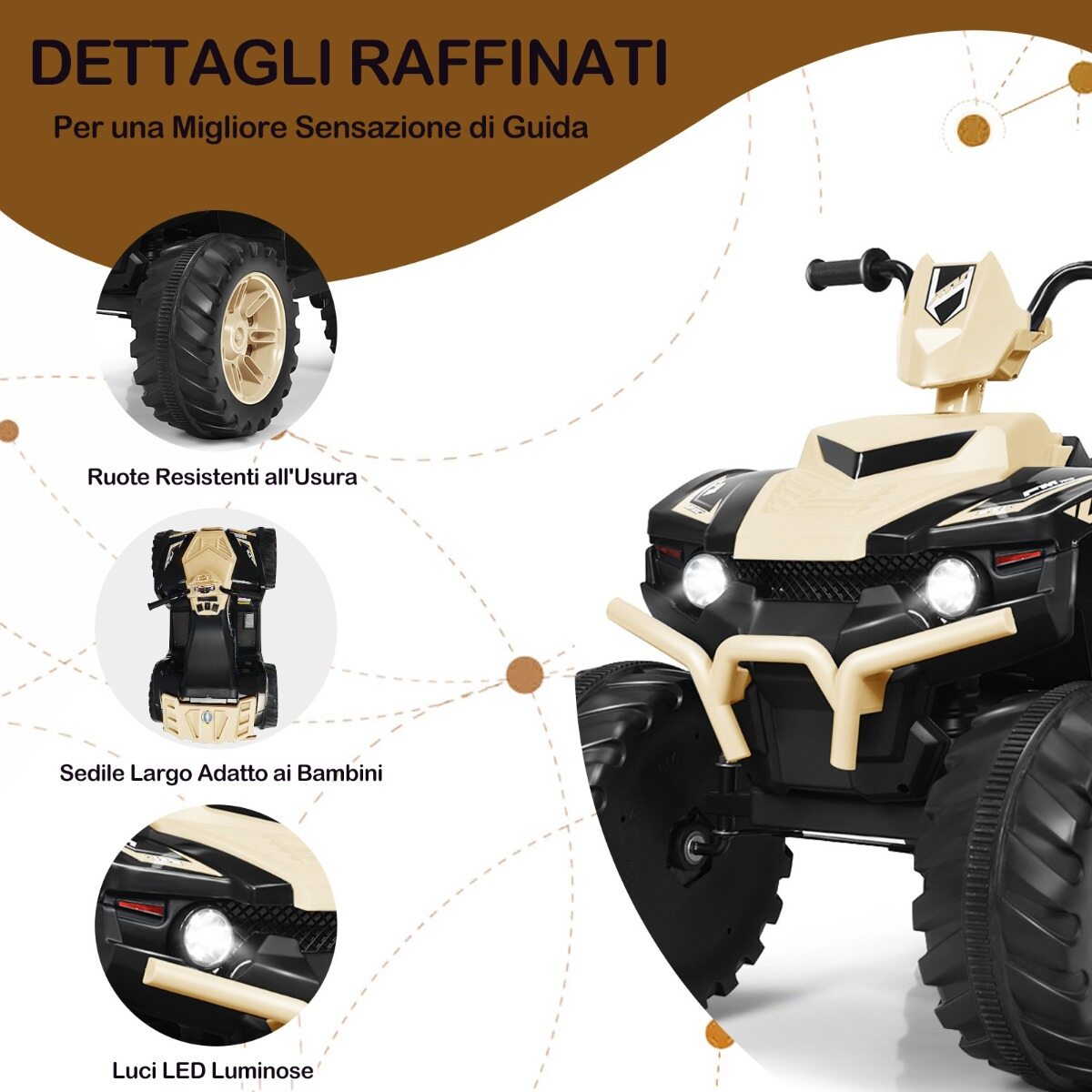 12 V elektriline ATV lastele muusika ja LED-tuledega, akutoitel ATV mugava istmega 104x67x74cm mullakollane