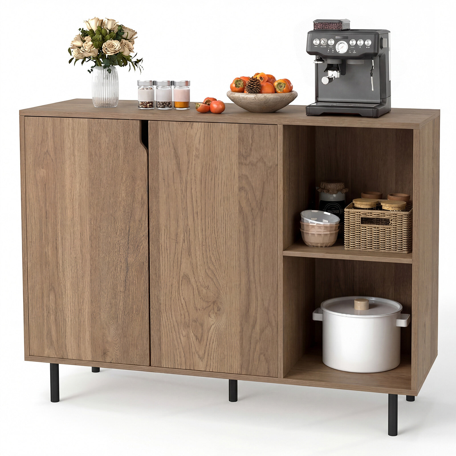 Moodne puidust köögikapp kahe ukse ja kahe avatud sektsiooniga, söögitoa buffet-konsoollaud, reguleeritavad riiulid, metalljalad, 106x38x80cm, naturaalne