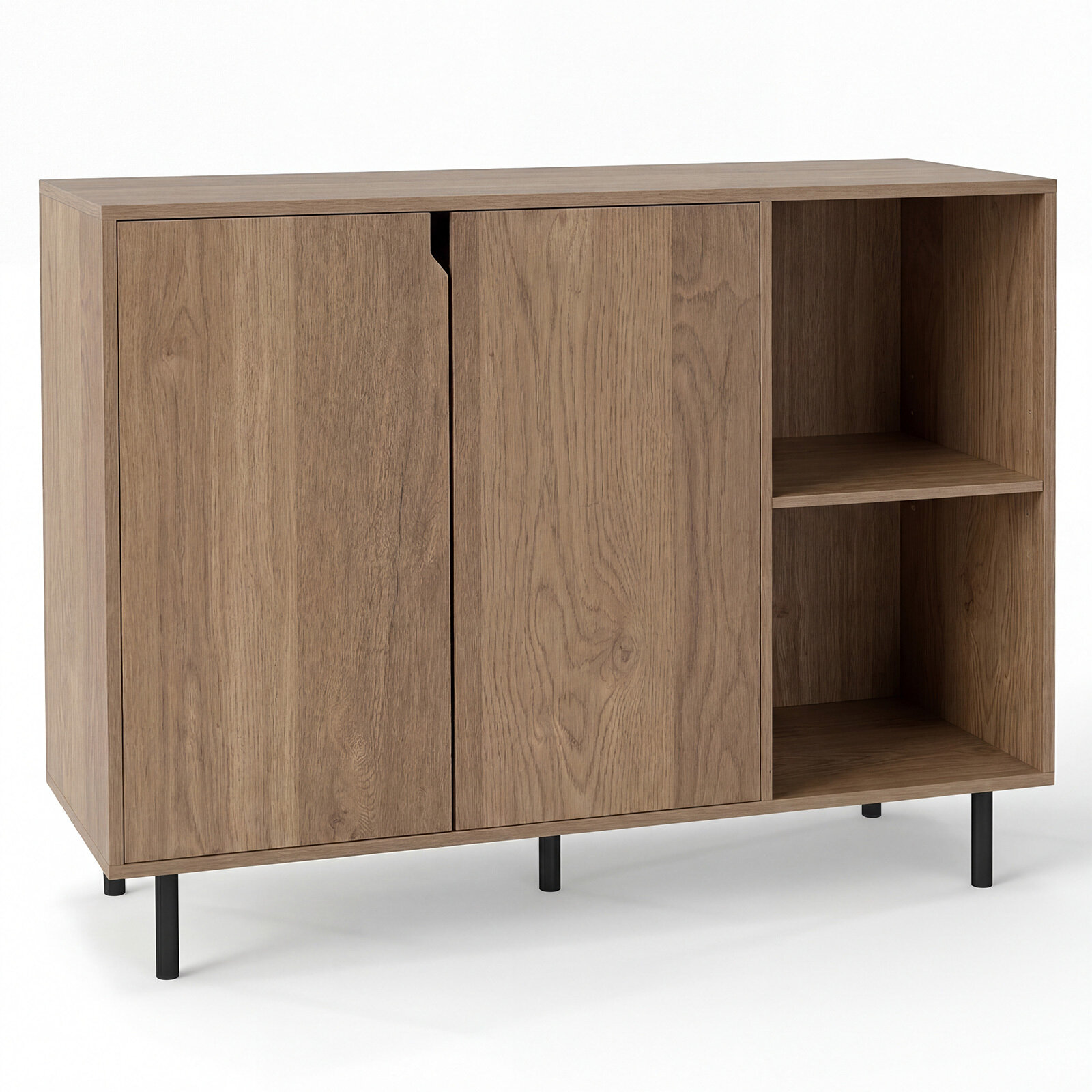Moodne puidust köögikapp kahe ukse ja kahe avatud sektsiooniga, söögitoa buffet-konsoollaud, reguleeritavad riiulid, metalljalad, 106x38x80cm, naturaalne
