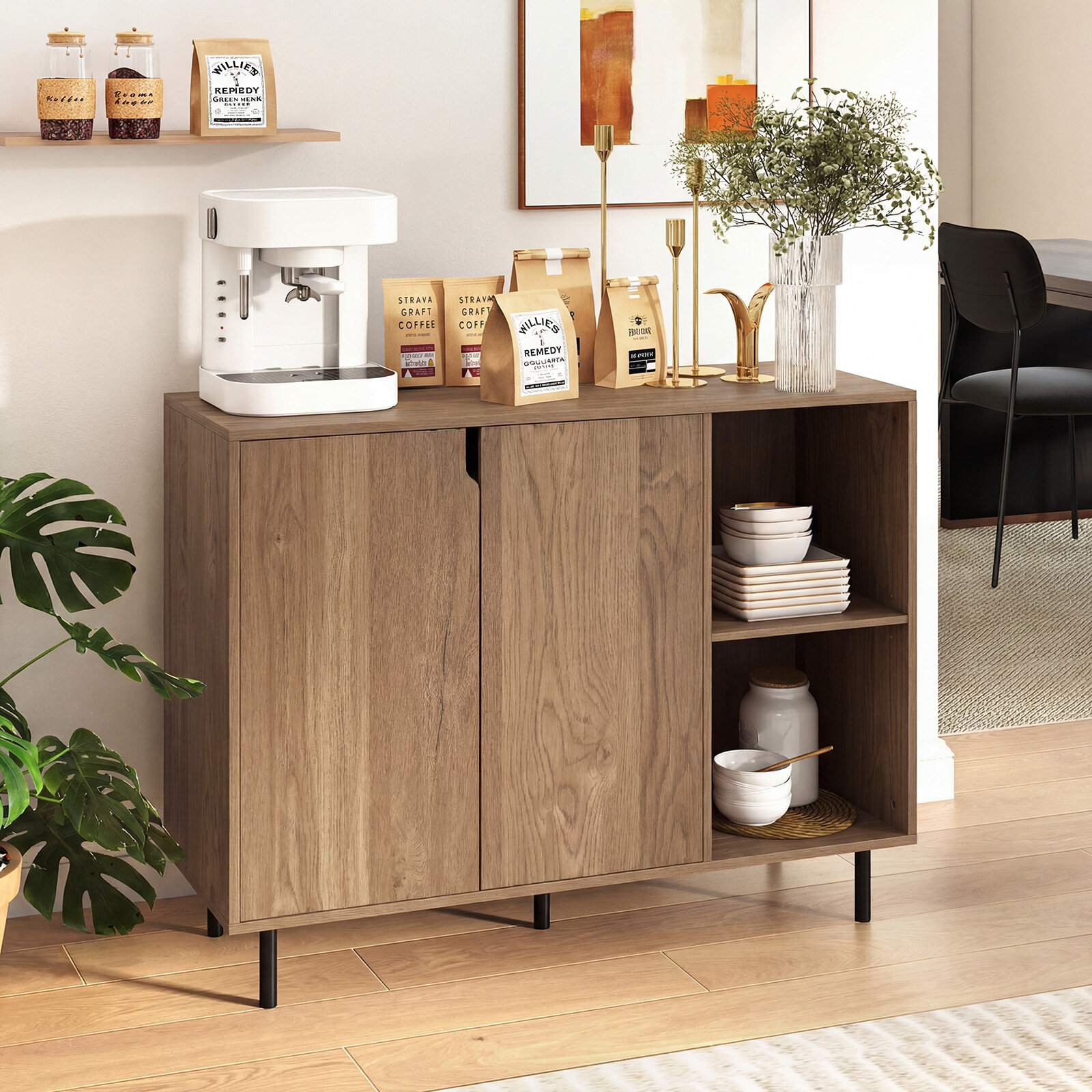 Moodne puidust köögikapp kahe ukse ja kahe avatud sektsiooniga, söögitoa buffet-konsoollaud, reguleeritavad riiulid, metalljalad, 106x38x80cm, naturaalne