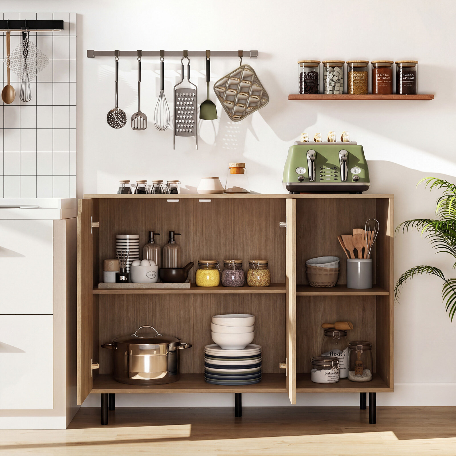 Moodne puidust köögikapp kahe ukse ja kahe avatud sektsiooniga, söögitoa buffet-konsoollaud, reguleeritavad riiulid, metalljalad, 106x38x80cm, naturaalne