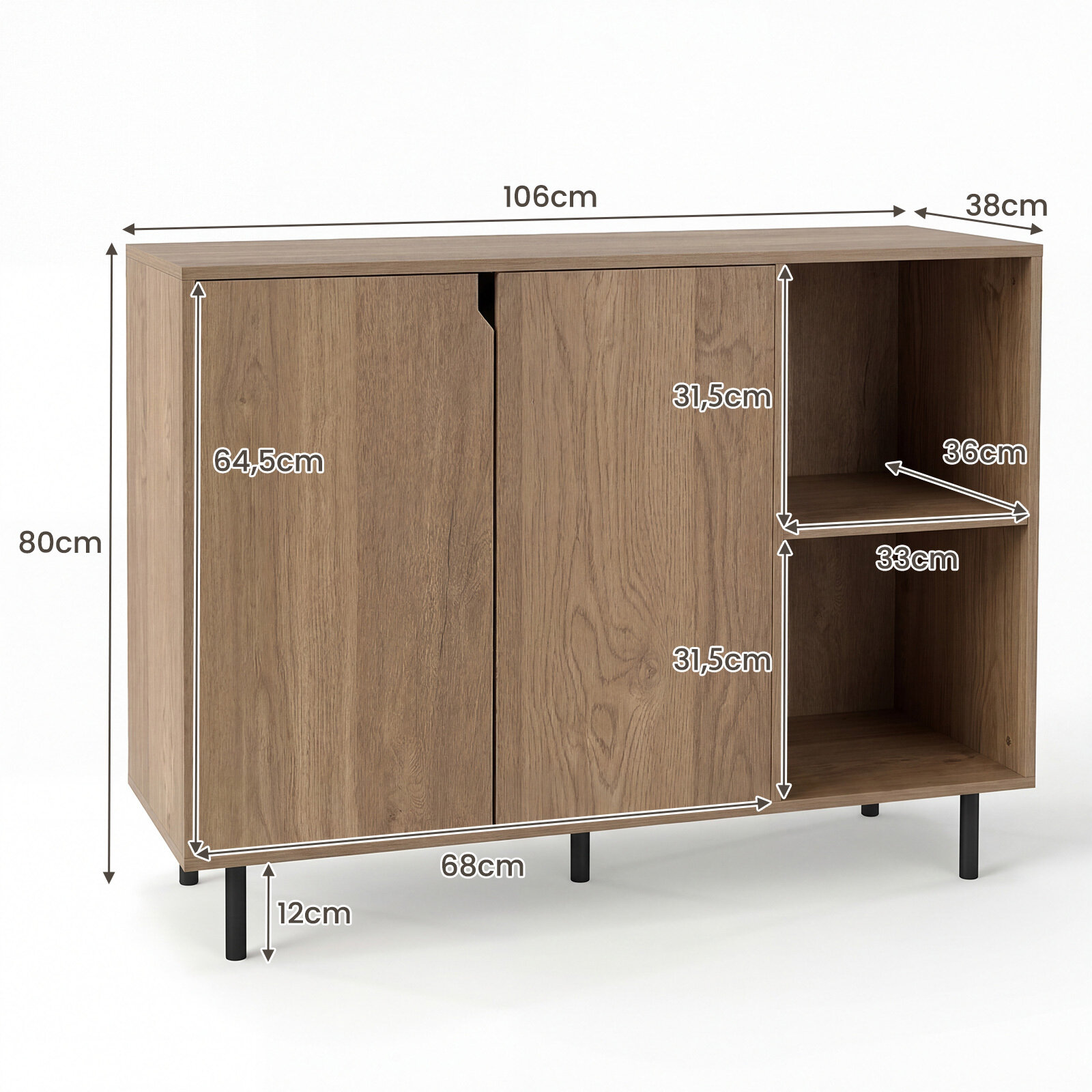 Moodne puidust köögikapp kahe ukse ja kahe avatud sektsiooniga, söögitoa buffet-konsoollaud, reguleeritavad riiulid, metalljalad, 106x38x80cm, naturaalne