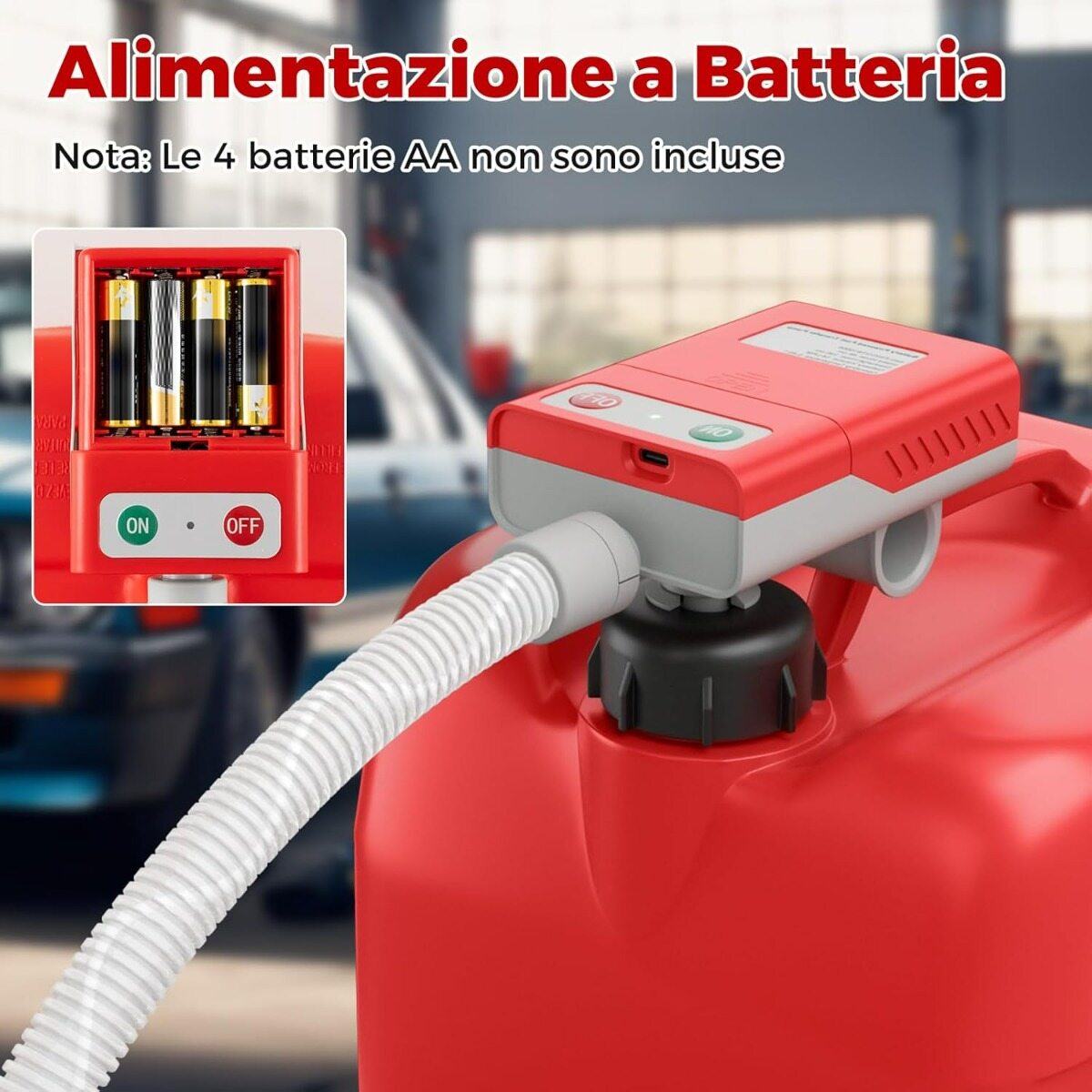 Kütusepump automaatse seiskamisega, USB/akutoitega bensiinipump ja kiire vooluga 14 l/min punane ja valge