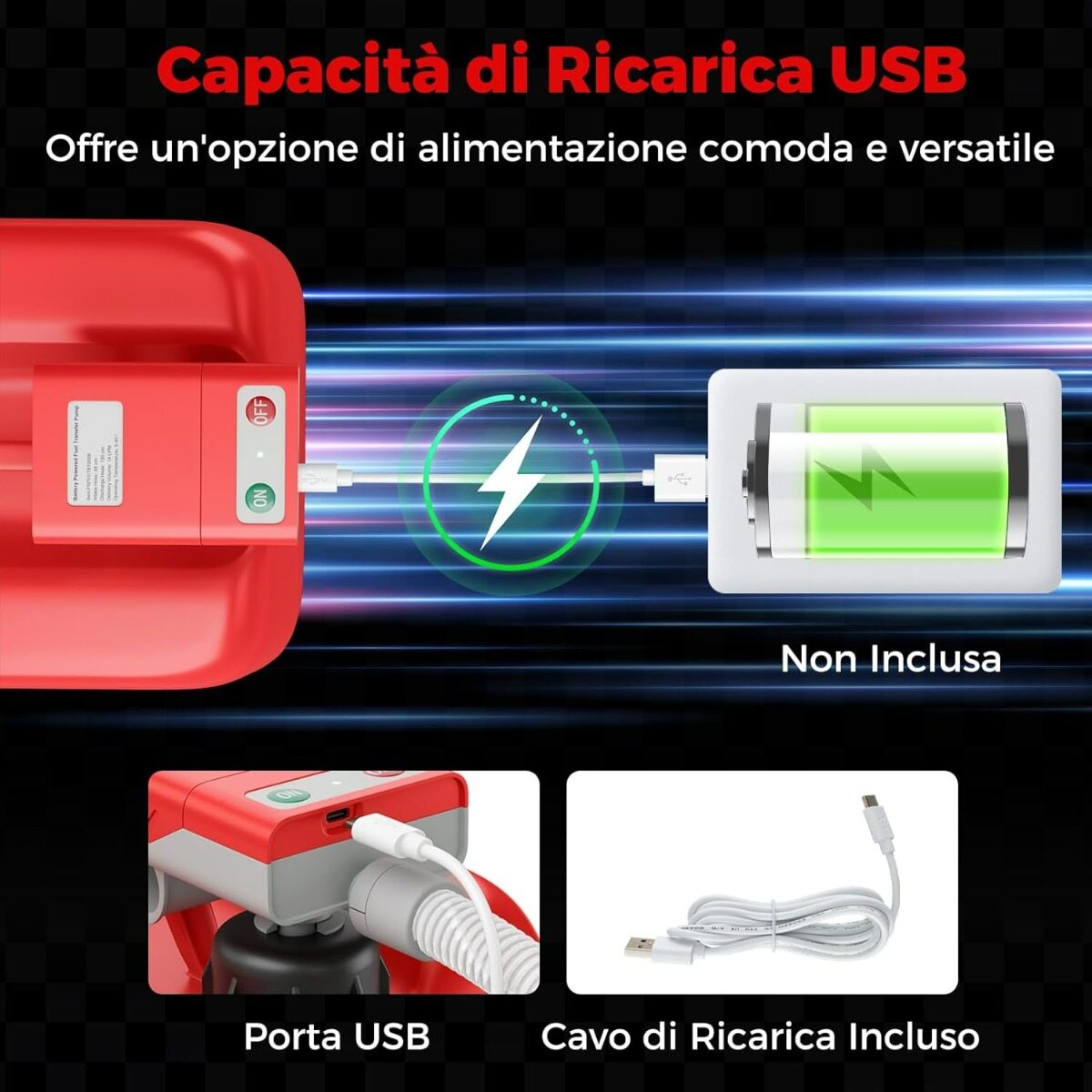 Kütusepump automaatse seiskamisega, USB/akutoitega bensiinipump ja kiire vooluga 14 l/min punane ja valge
